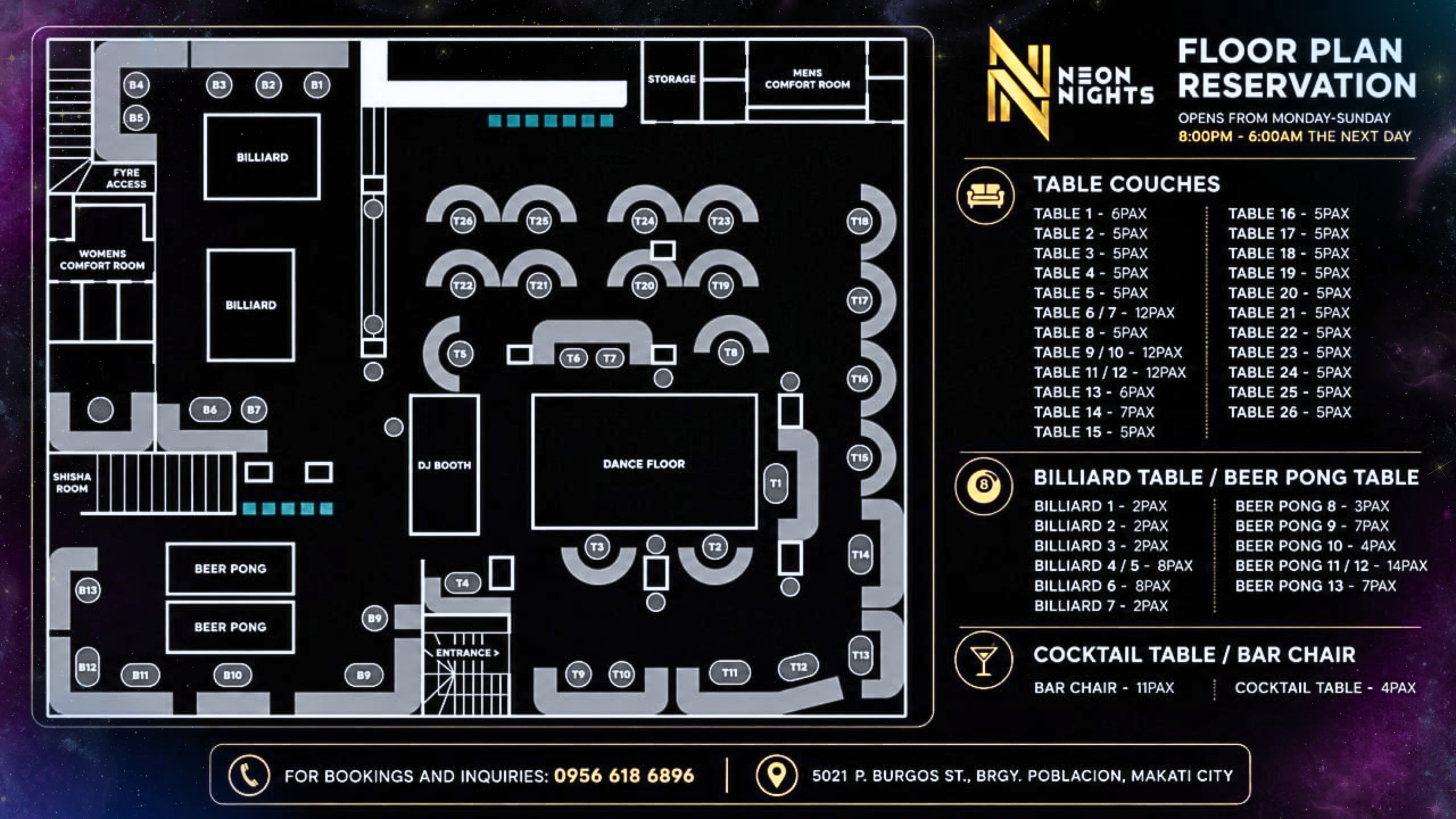 Neon Nights Makati — floor plan map with table codes (T1–T26), bar stools (B1–B13), billiard and beer pong areas, and reservation pricing